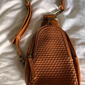 Woven Tan Leather Crossbody Bag